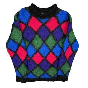 Vintage Eaton Mohair Sweater Fuzzy Knit Diamond Colorful Pullover Large